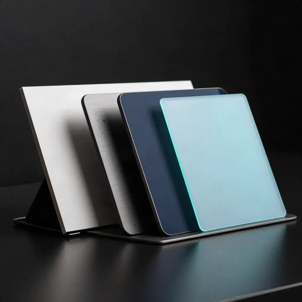 Konsep laman web berlapis pada tablet gelap dengan kad mockup dan cahaya cyan dramatik