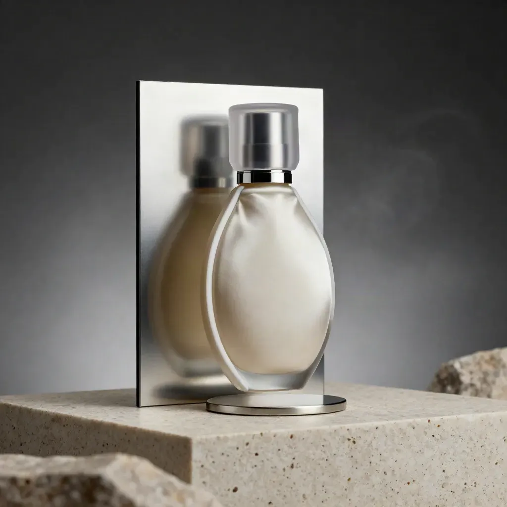 Bentuk botol 3D satin dengan penutup lutsinar di atas alas travertine, berwap sejuk