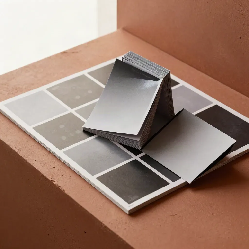 Bundle poster, tile sosial dan kad pelancaran di atas slab terracotta dengan cahaya dramatik.