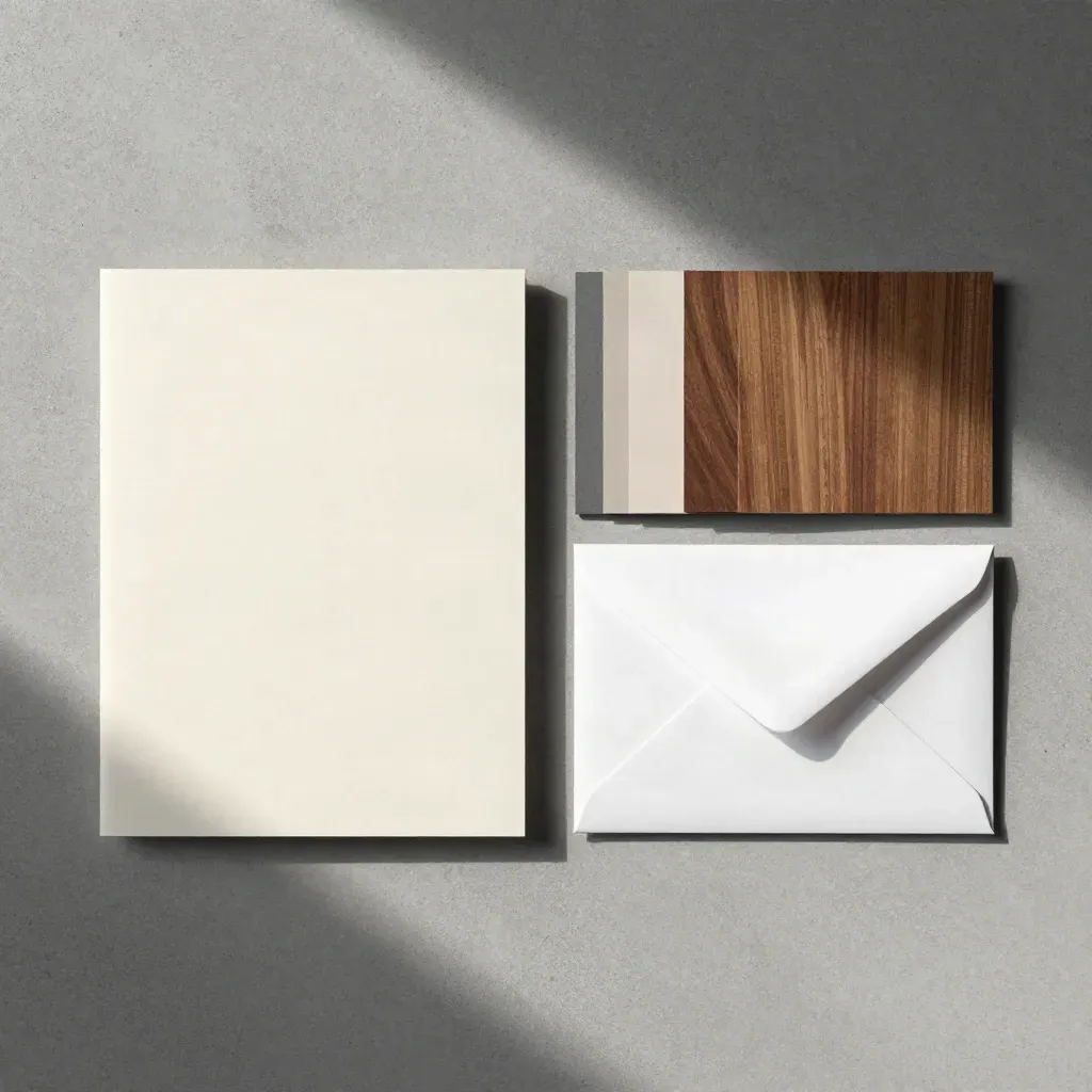 Flatlay kit identiti SME dengan kertas, kad warna dan sampul nipis di atas konkrit.